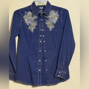 Women's Navy Embroidered Button Down Shirt